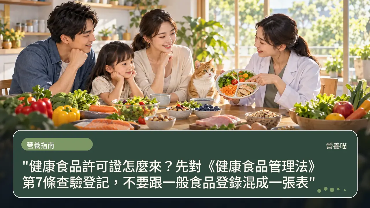 "健康食品許可證怎麼來？先對《健康食品管理法》第7條查驗登記，不要跟一般食品登錄混成一張表"主題插畫