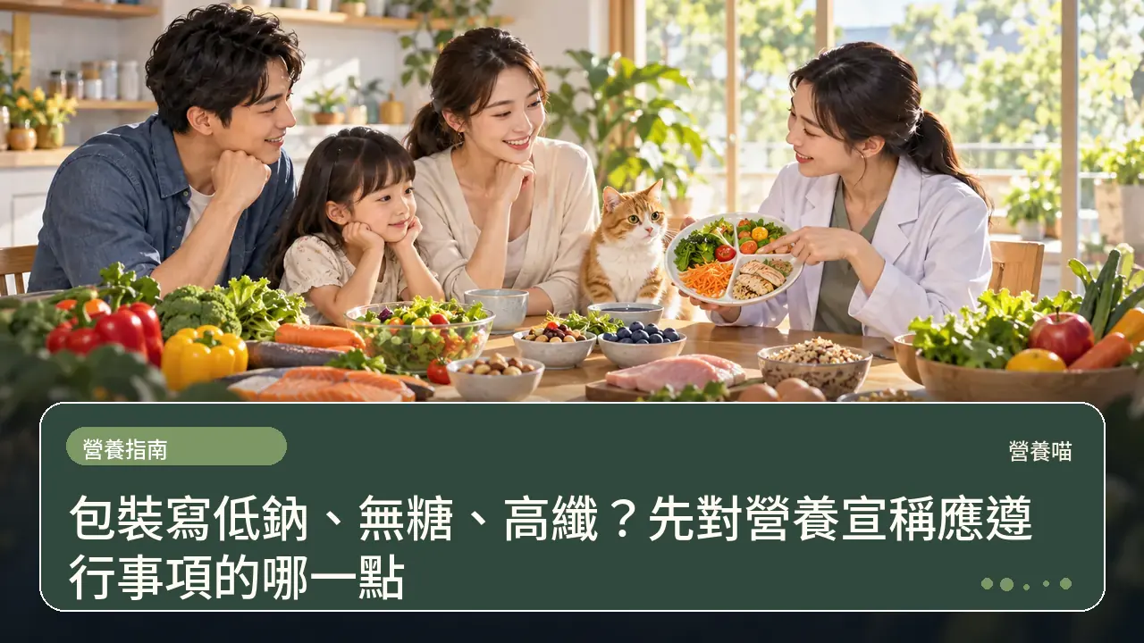 包裝寫低鈉、無糖、高纖？先對營養宣稱應遵行事項的哪一點主題插畫