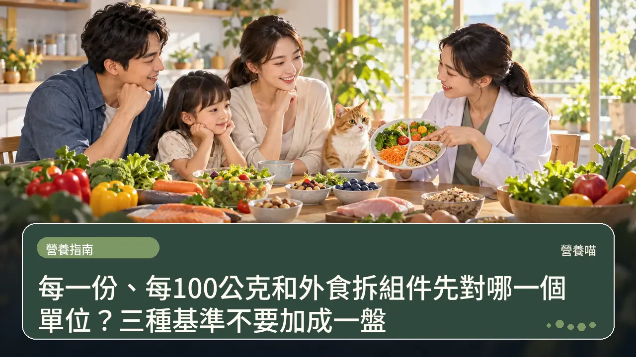 每一份、每100公克和外食拆組件先對哪一個單位?三種基準不要加成一盤主題插畫